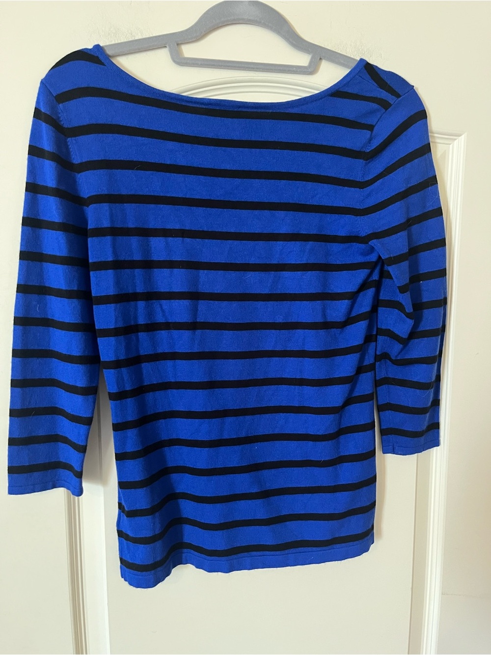 Express Women’s Blue and Black Striped Boatneck Top Size Medium